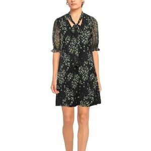 DKNY Floral-Print Tie-Neck Shift Dress Black Multi Size 14